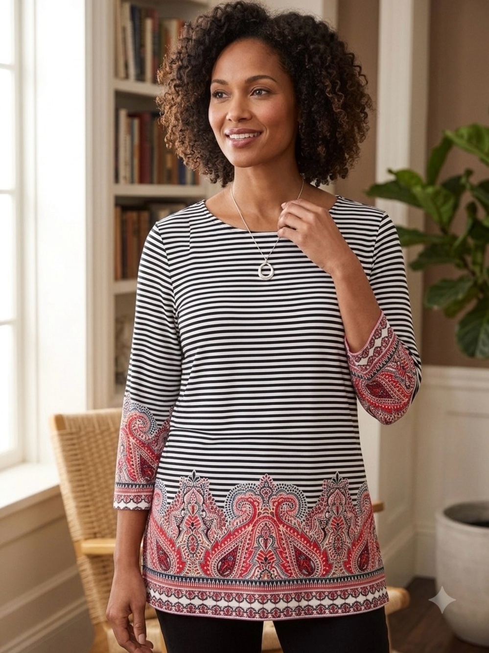 Chico's Black & White Striped Tunic with Red Paisley Border
